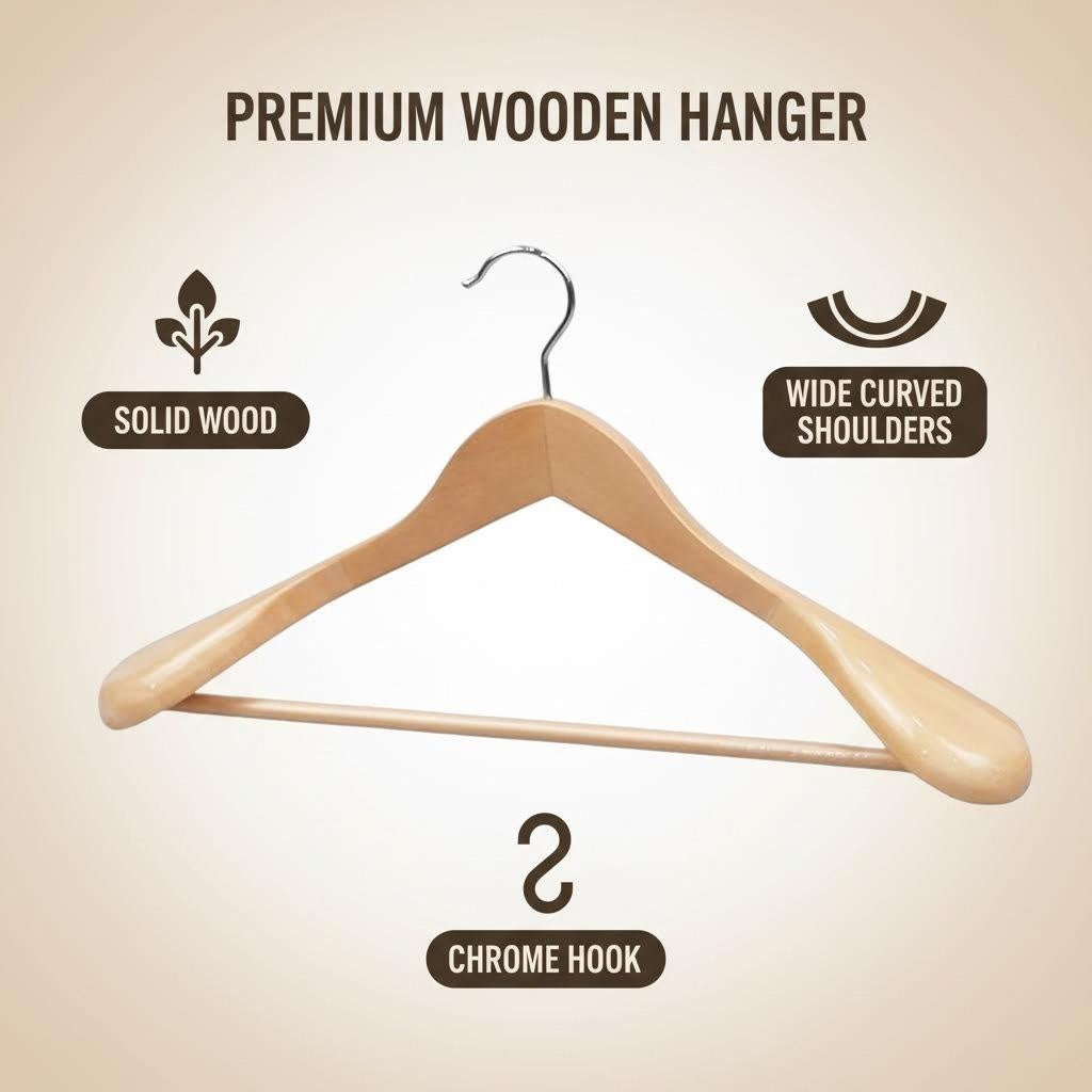Natural Wood Wide Shoulder Suit Hanger with 360° Rotating Metal Hook