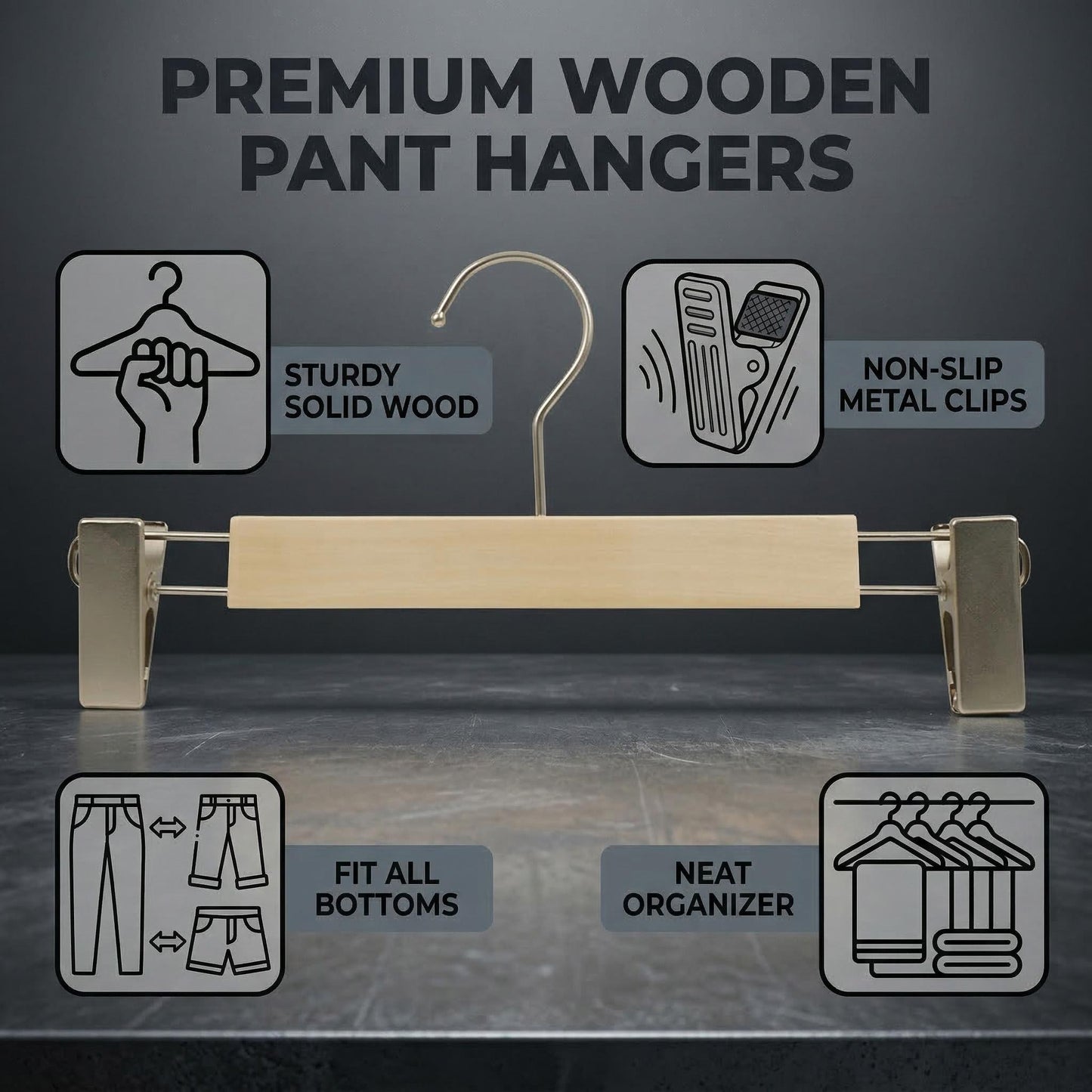 Adjustable Solid Wood Pants and Skirt Clip Hanger with 360° Rotating Hook