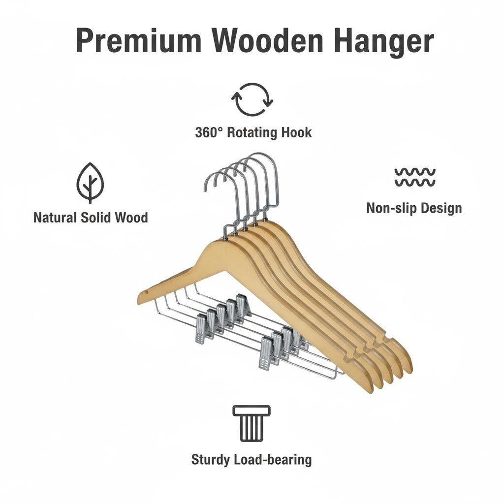 Natural Wood Pants and Skirt Hanger with Metal Bar, Clips, and Notches