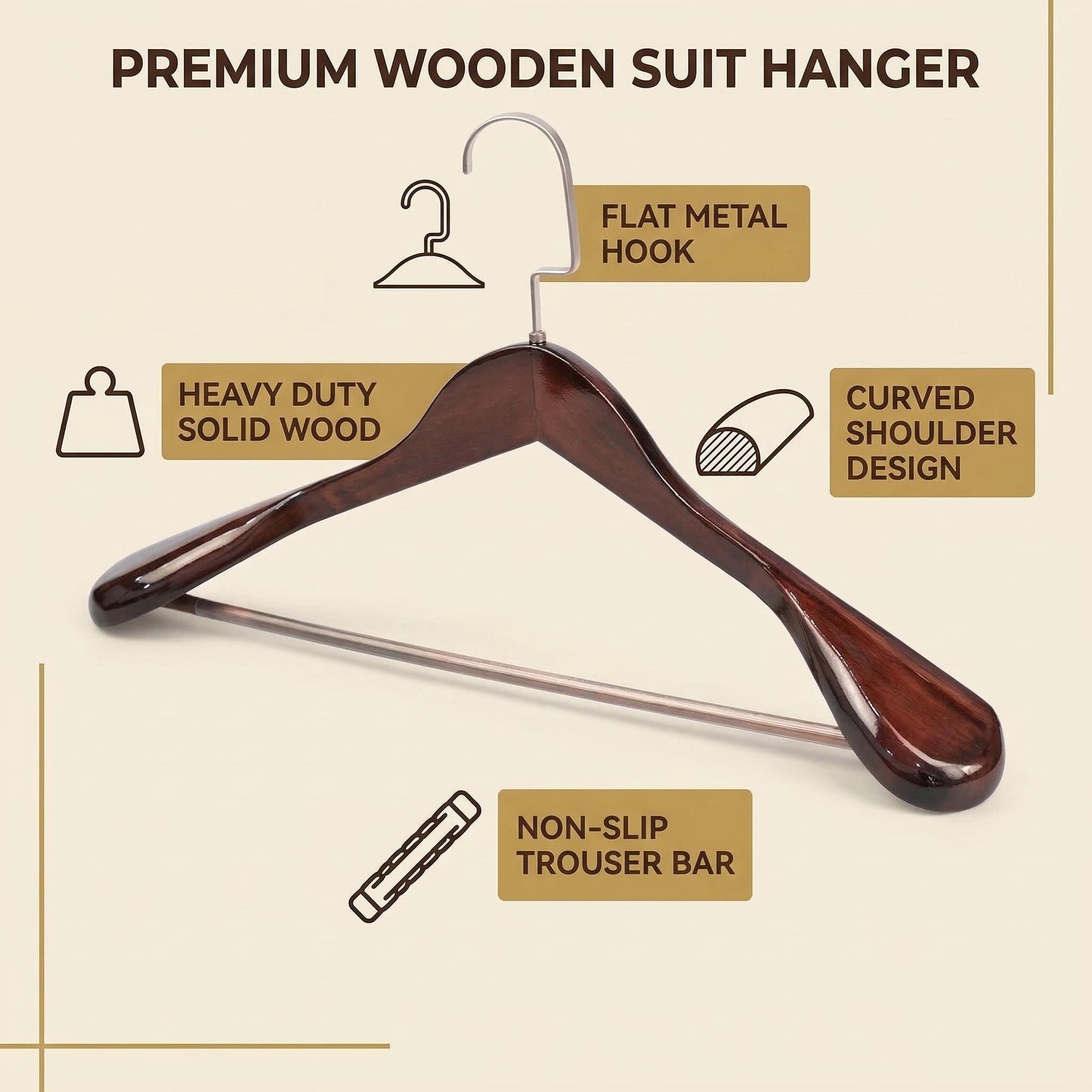 Solid Wood Wide Shoulder Suit Hanger with 360° Rotating Flat Hook