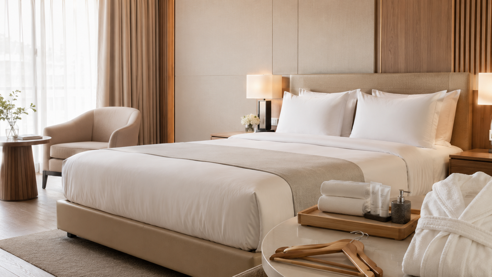 Modern hotel guest room with white bedding, towels, bathrobe, wooden hangers and amenity tray