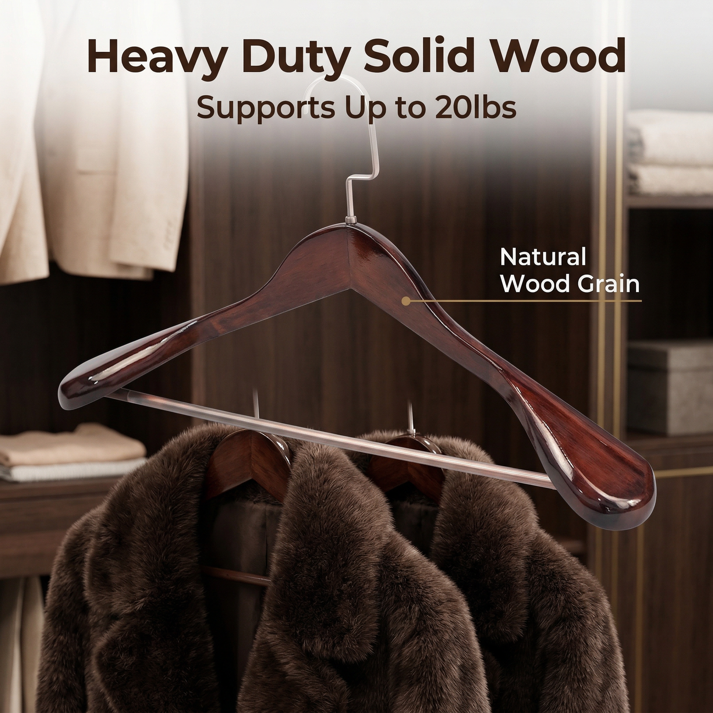 Solid Wood Wide Shoulder Suit Hanger with 360° Rotating Flat Hook