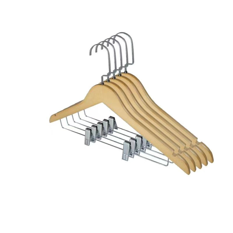 Natural Wood Pants and Skirt Hanger with Metal Bar, Clips, and Notches