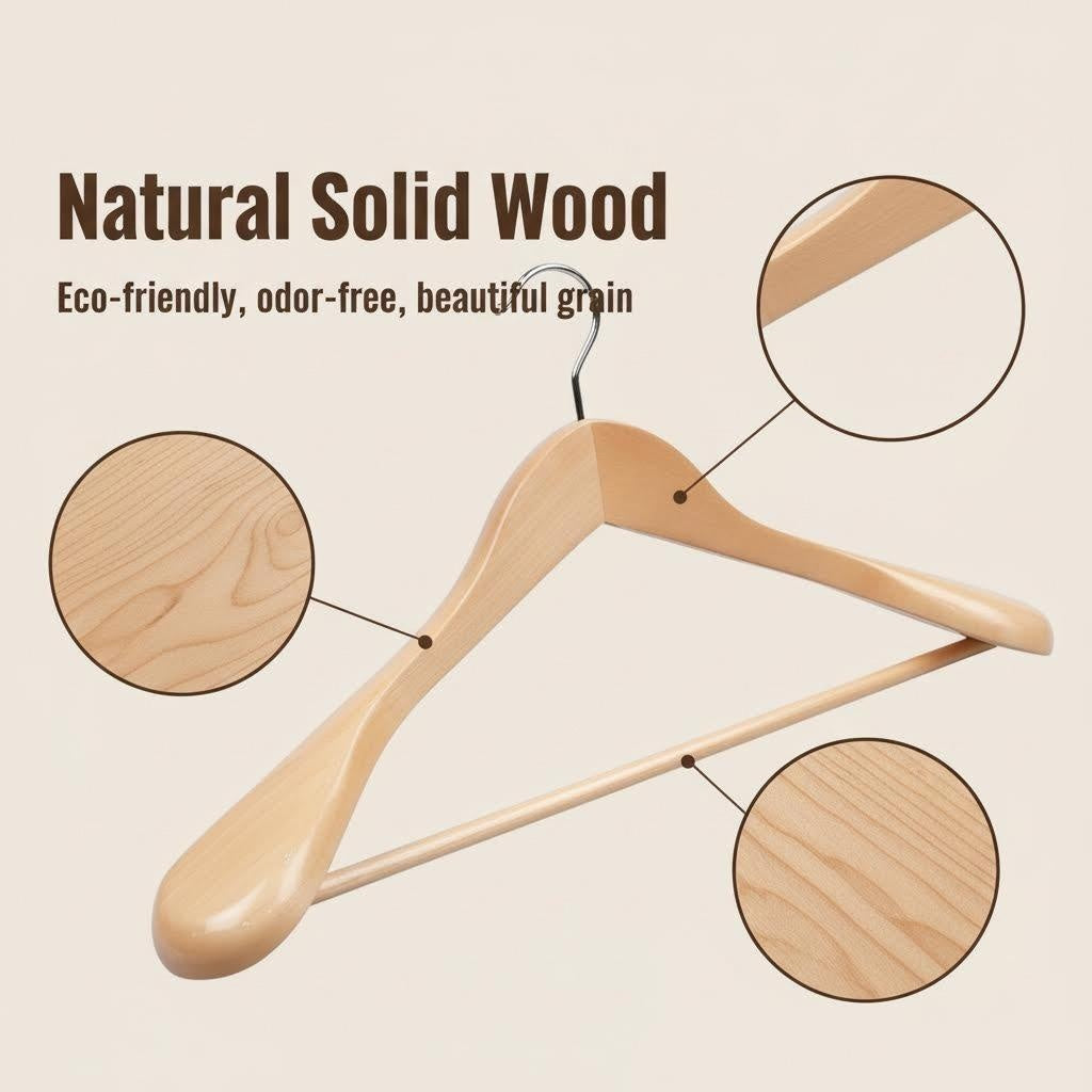 Natural Wood Wide Shoulder Suit Hanger with 360° Rotating Metal Hook